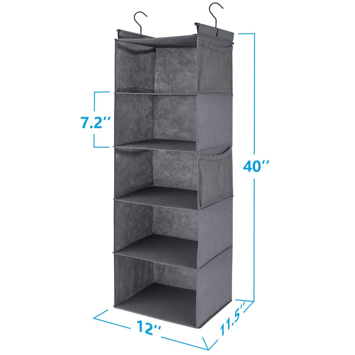Max Houser 5 Shelf Hanging Closet Organizer, Space Saver, Cloth Hanging Shelves With 4 Side Pockets, Foldable, Grey
